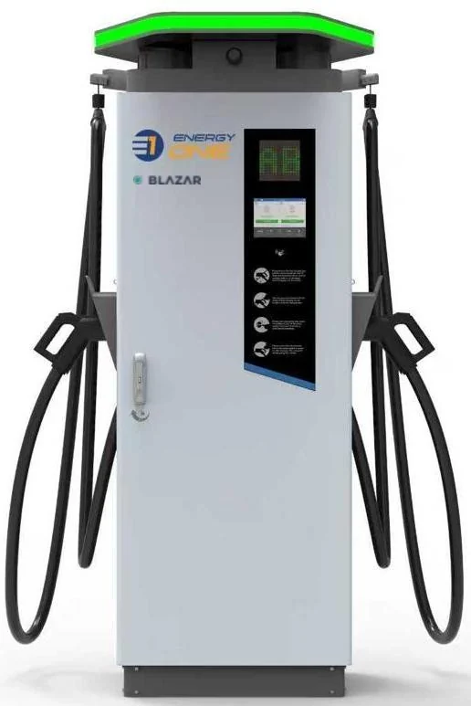 DC fast charger with status display, branded Energy One and Blazar Energy