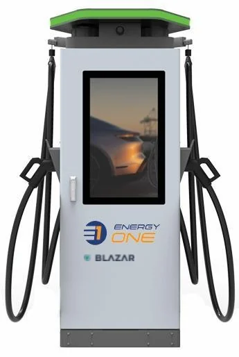 DC fast charger with digital screen, branded Energy One and Blazar Energy